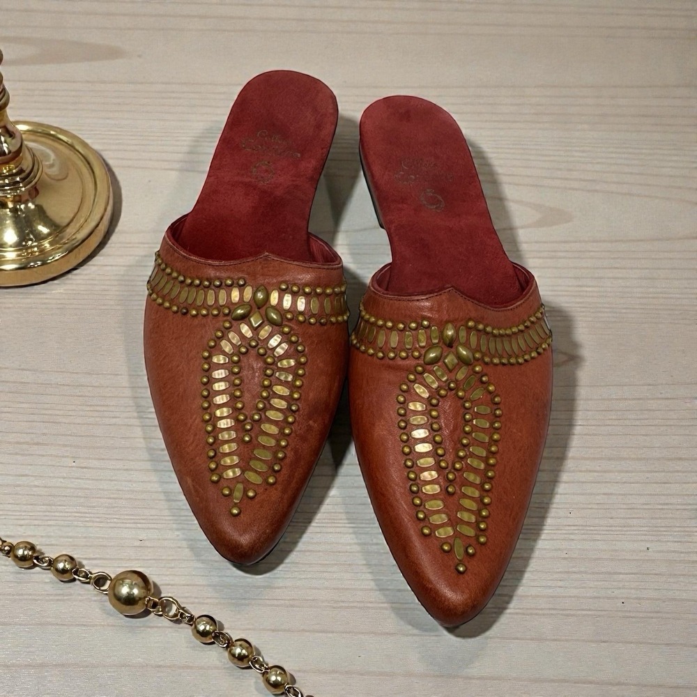 Studded Leather Pointed Slip-On Mules in Brown with Red Insole